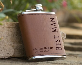 Personalized 6 oz. Leatherette Stainless Steel Flask - Groomsman Flask - Best Man Flask - Personalized Flask - Brown Flask - Flask Gift
