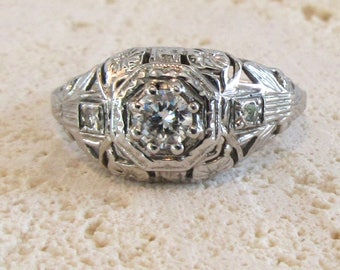 White Gold Filigree Ring, Antique Filigree Ring, Diamond Filigree Ring, Antique Engagement Ring, Diamond Ring, Vintage Filigree Ring