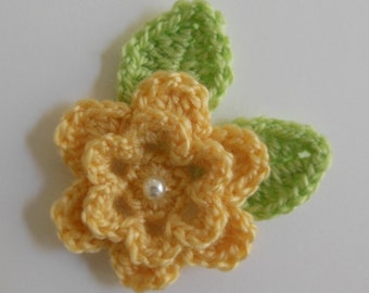 Yellow Crocheted Flower with Leaves - Yellow and Green - Acrylic Yarn - Crocheted Flower and Leaf Appliques - Crocheted Embellishments