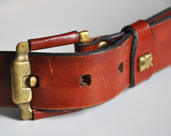 Vintage 70s brown leather belt, boho leather belt, cognac brown belt, high waist belt