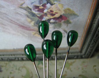 RARE COLOR 1940's Vintage Emerald Glass Corsage Pins, Vintage Green Glass Corsage Pins, Vintage Green Corsage Pins, Art & Crafts Supplies