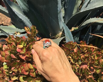 Carnelian Ring / Sterling Silver Ring / Natural Gemstone Ring / Agate Ring / Statement Ring / Brown Aqeeq Ring / Carnelian & Turquoise Ring