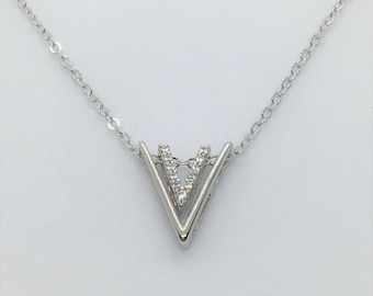 Silver Double V Pendant Necklace // Sterling Silver Necklace // Cubic Zirconia // Wedding Jewelry