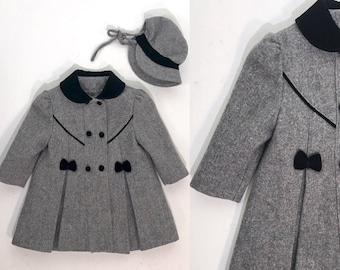 Vintage 1970s Childrens Wool Coat // 70s Kids Coat Set with Bonnet // Matching Hat // Grey Winter Coat 4T // Girls Gray Wool & Velvet Bows