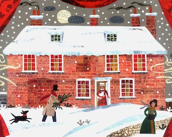 Jane Austen Christmas Card, Traditional Snow Scene, Cat, Dog, Writers' Houses, Naive Art, Chawton Cottage, Holiday Card, Amanda White Design
