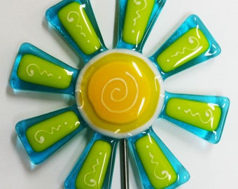 Glassworks Northwest - Aqua and Lemongrass Flower Stake - Fused Glass Garden Art