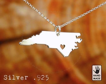 North Carolina State Map Handmade Personalized Sterling Silver .925 Necklace in a gift box