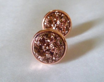 Rose gold druzy stud earrings, druzy stud earrings, 12mm rose gold earrings, yellow gold studs.