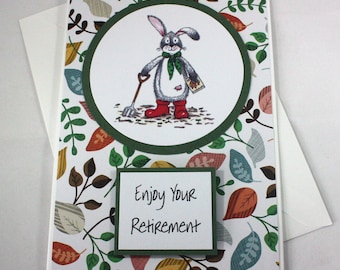 Handmade retirement card - rabbit gardener