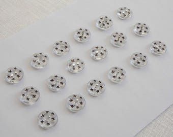 18 beautiful 2-hole clear glass buttons with fine black stars - (13.5 mm - 1/2 in.)
