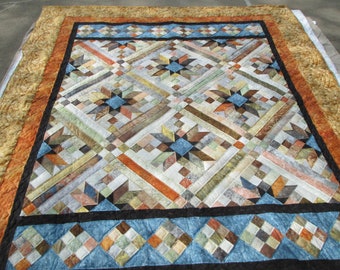 Stonehenge Hand Quilted Pieced King Quilt Brown and Blue, GemsInStitch