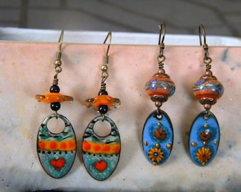 2 Two Pair Dangle Earrings, Artist Lampwork Beads and Artist Enameled Copper Charms, Hearts Daisy Blue Teal Orange Black Green