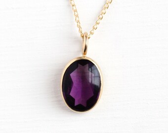 Simulated Amethyst Necklace - Antique 10k Rosy Yellow Gold Vintage Stick Pin Conversion - Edwardian 1900s Pendant Purple Glass Charm Jewelry
