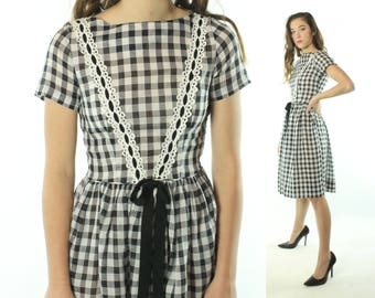 Vintage 50s Day Dress Black White Checked Short Sleeves Full Skirt 1950s Small S Pinup Rockabilly