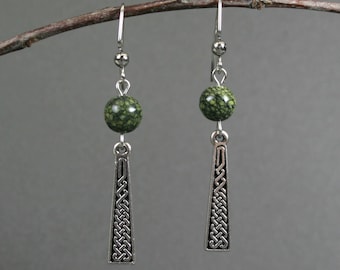 Celtic knot silver plated drop earrings with Russian serpentine accents
