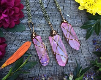 Rose aura necklace, pink aura crystal, rose aura quartz, pink quartz