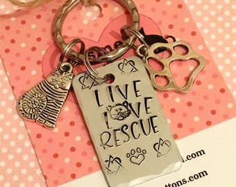 Rescue cat keyring, rescue cat gift, cat gift, Hand Stamped, cat lover gift, gift for him, gift for her,