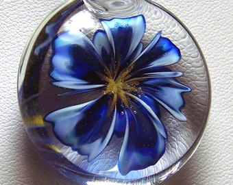 Realistic dark cobalt blue and white glass 3D flower pendant - handmade lampwork glass pendant