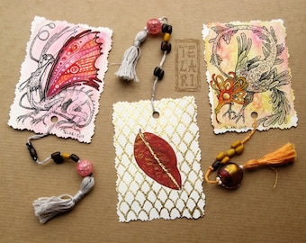 Watercolour Goldleaf Dragon Bookmarks with Autumn Blueberry Leaves