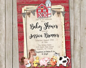 Farm Animals Baby Shower Invitation, Rustic Baby Shower Invitation, Barn Wood, Boy or Girl, Baby Animals, Printable Invitation 5x7