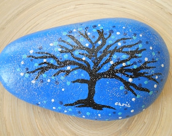 Hand Painted Stones,Home Decor,Painted Rock, Pebble,Acrylic, Tree of Life, blue