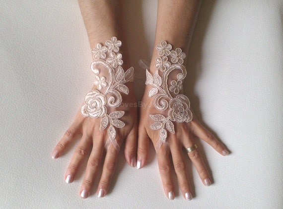 Wedding gloves Champagne bridal gloves fingerless lace gloves french lace gloves free ship 247