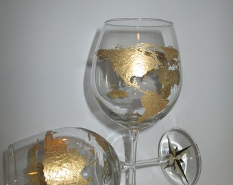 World Map/Compass Red Wine Glasses(set of 4)