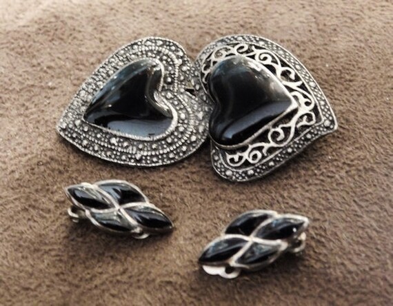 Vintage Brooch and Clip On Earrings Set / Black Onyx /Sterling