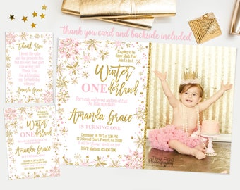 Winter onederland invitation girl, winter onederland first birthday party, pink and gold invitation, watercolor snowflakes, twins invitation