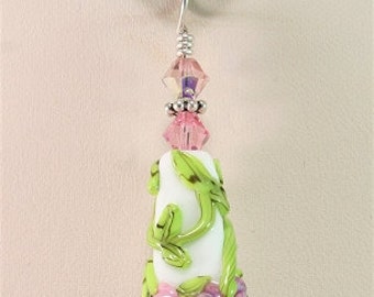 Glass Lampwork Focal Bead Pendant Green White Pink Purple SRAJD