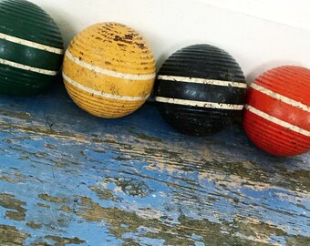 Vintage Croquet Balls Green Yellow Black Orange Stripe Ribbed Chippy Wood Set of Four Instant Collection Farmhouse Decor