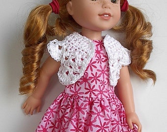 14" Doll Clothes Sleeveless Cotton Dress with Pink Flowers and White Crocheted Bolero Handmade to fit 14.5" Wellie Wishers Dolls