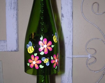 Bee and flowers wine bottle windchime garden porch deck