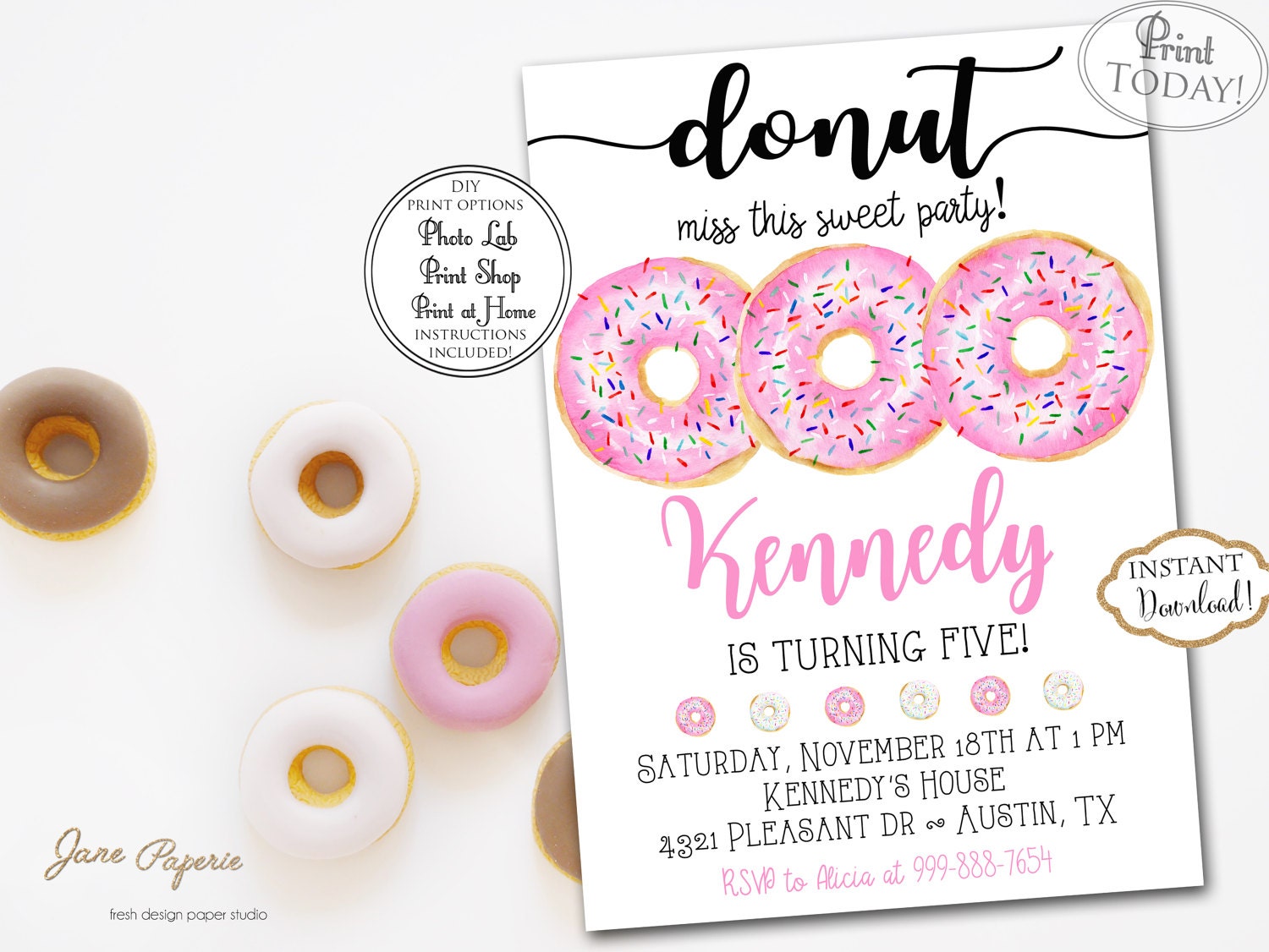 INSTANT DOWNLOAD Donut Party Invitation Donut Themed