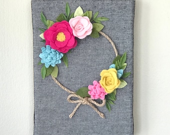 Felt Flower Wreath, Fall Wreath, Fall decor, wall hanging, felt flowers, hostess gift, bedroom decor, holiday decor
