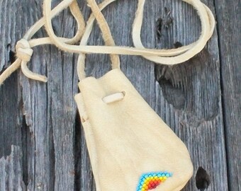Beaded buckskin bag , Leather medicine pouch , Crystal bag , Talisman bag