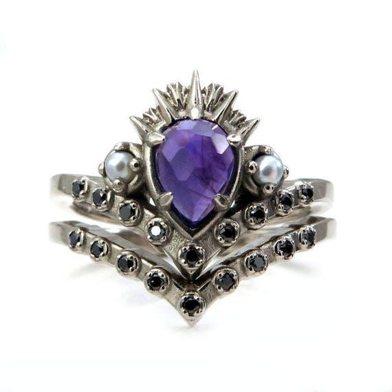Ursula the Sea Witch Engagement Ring Set - Amethyst Pear with Seed Pearls and Black Diamonds