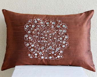 Decorative Oblong / Lumbar Rectangle Throw Pillow Covers Accent Pillow Couch 12x16 Rust Silk Pillows Crystal Embroidered - Crystal Evening