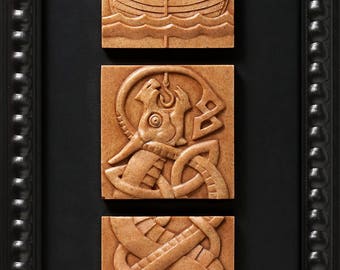 Fishing for Jormungand (Stone) Limited edition of 50 signed/numbered, framed sculptural reliefs by Aric Jorn.
