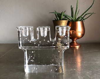 vintage glass Dansk candelabra 3 arm glass block taper candle holder