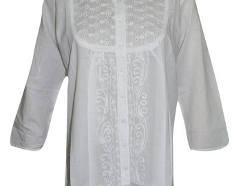 Everyday Womens Shirt Blouse Button Down White Hand Embroidered Festive Cover Up Tunic Top M