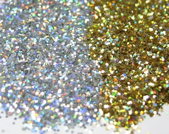 holographic glitter solvent resistant gold hex OR silver .015 .008 cosmetic grade 1fl. ounce - 14 grams / half ounce by weight