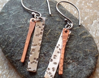 Hand forged mixed metal earrings / silver and copper dangles / rustic earrings / handcrafted mixed metal jewelry