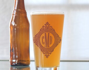 Custom monogram, screen printed glassware, pint glasses