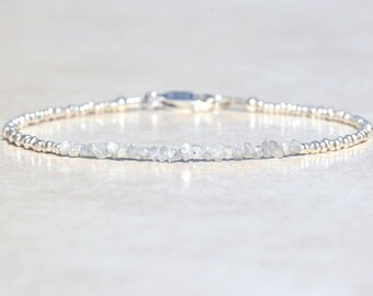 Diamond Bracelet, Graduation Gift, Genuine Raw Diamond Bracelet, Beaded April Birthstone, Sterling Silver, Delicate Rough Diamond Bracelet