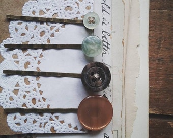 Button Bobby Pin Set, Hair Pins Made With Vintage Buttons, Boho Hair Accessories for Women, Teen Girls