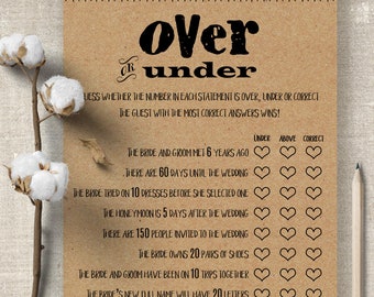 Over or Under bridal shower game, Printable Bridal Shower games, party games, couples shower G201