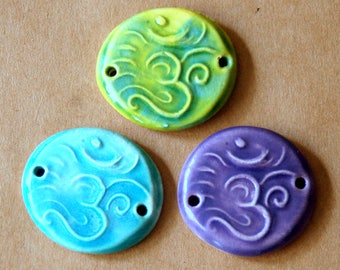 3 Handmade Ceramic Beads - Sweet Set of Bracelet Beads - Om Link Beads in Spring Colors