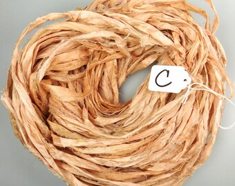 Silk Sari Ribbon, Sari silk ribbon, Peach Blush sari ribbon, Peach sari ribbon, Hand dyed ribbon, jewelry supply, weaving supply