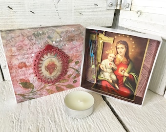 Pocket shrine prayer box Madonna and Child icon pink upcycled embellished/ free shipping US